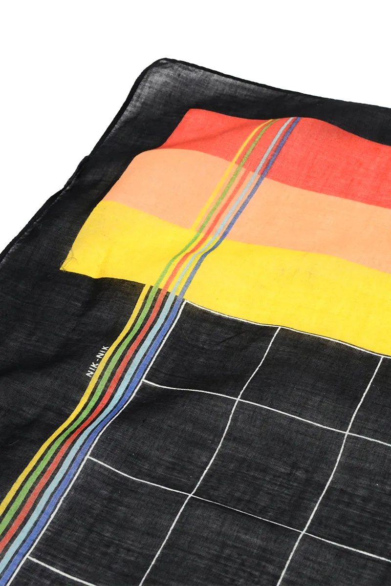1970s Rare Nik-Nik Black Grid Cotton Square Scarf w/ Rainbow Stripes