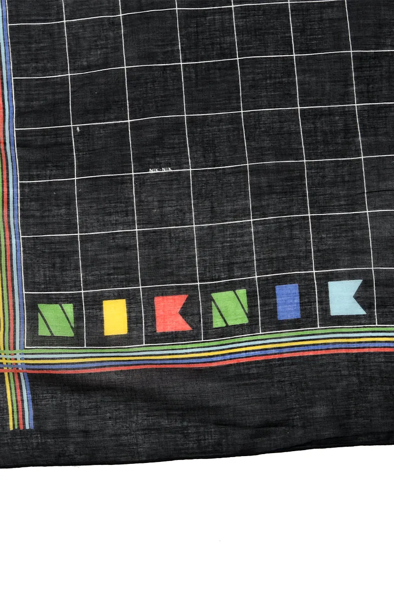 1970s Rare Nik-Nik Black Grid Cotton Square Scarf w/ Rainbow Stripes