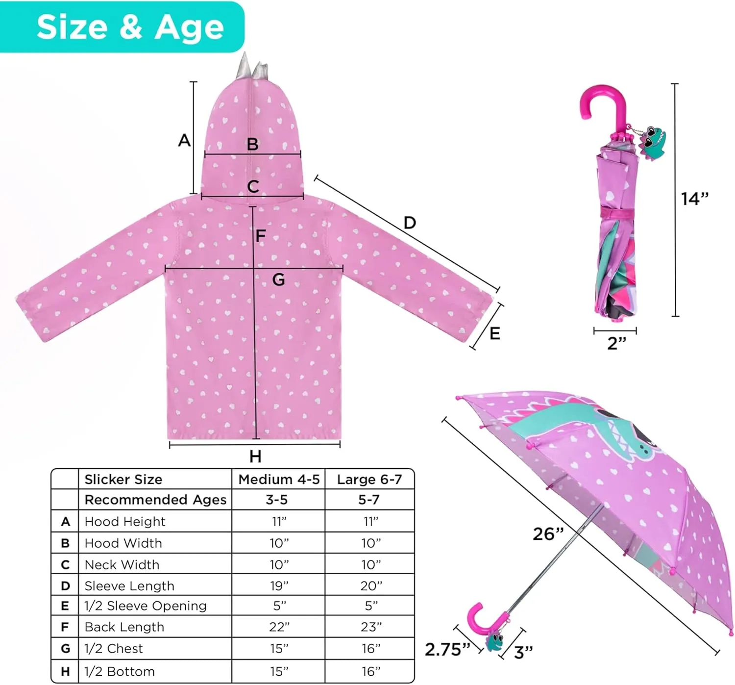 addie & tate Kids Umbrella for Girls and Boys & Rain Coats Set -Toddler Umbrellas Kids Raincoat Boys Girls Jacket