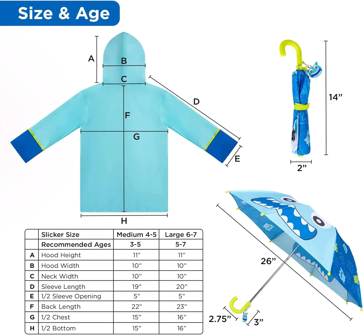 addie & tate Kids Umbrella for Girls and Boys & Rain Coats Set -Toddler Umbrellas Kids Raincoat Boys Girls Jacket