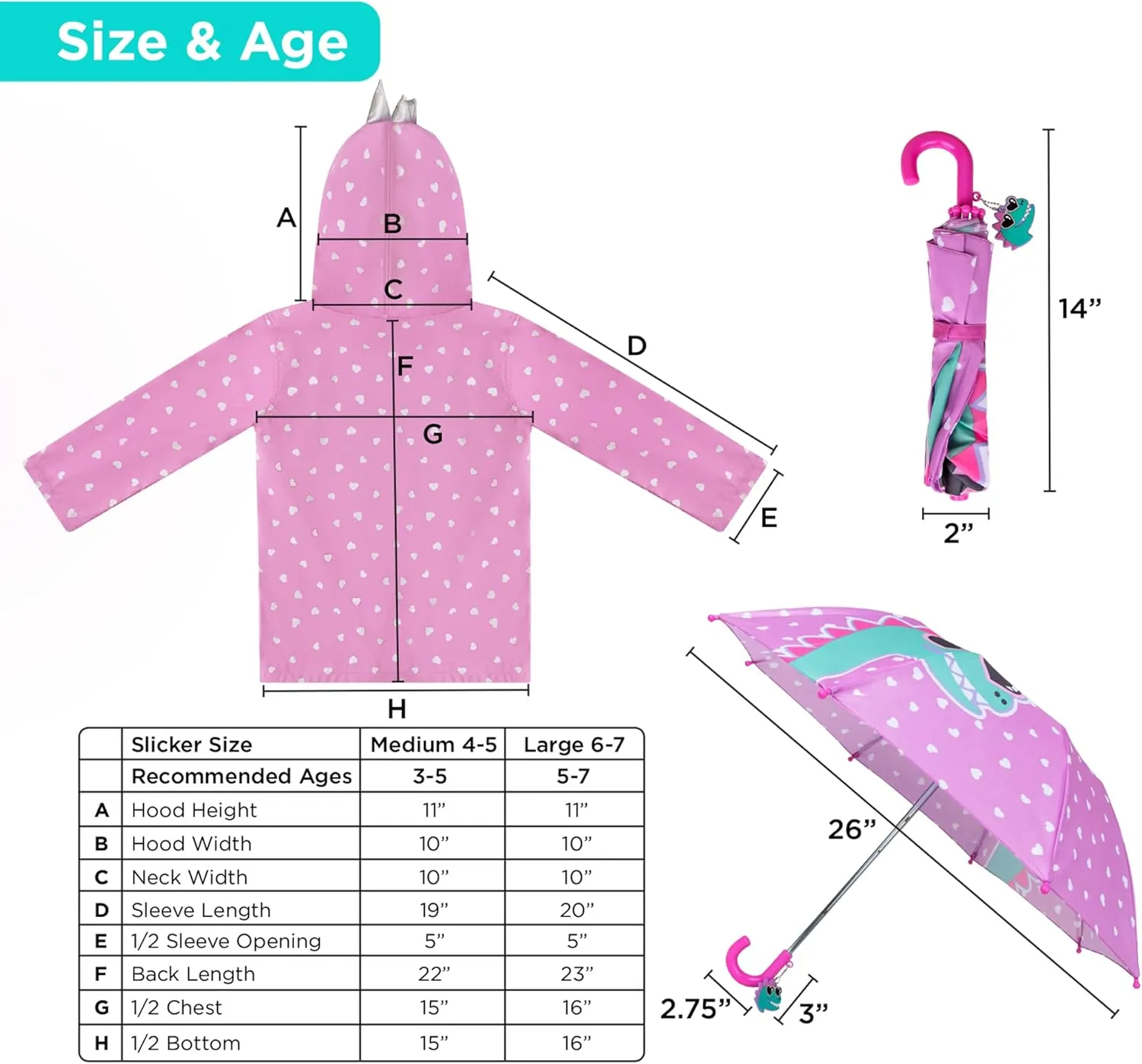 addie & tate Kids Umbrella for Girls and Boys & Rain Coats Set -Toddler Umbrellas Kids Raincoat Boys Girls Jacket