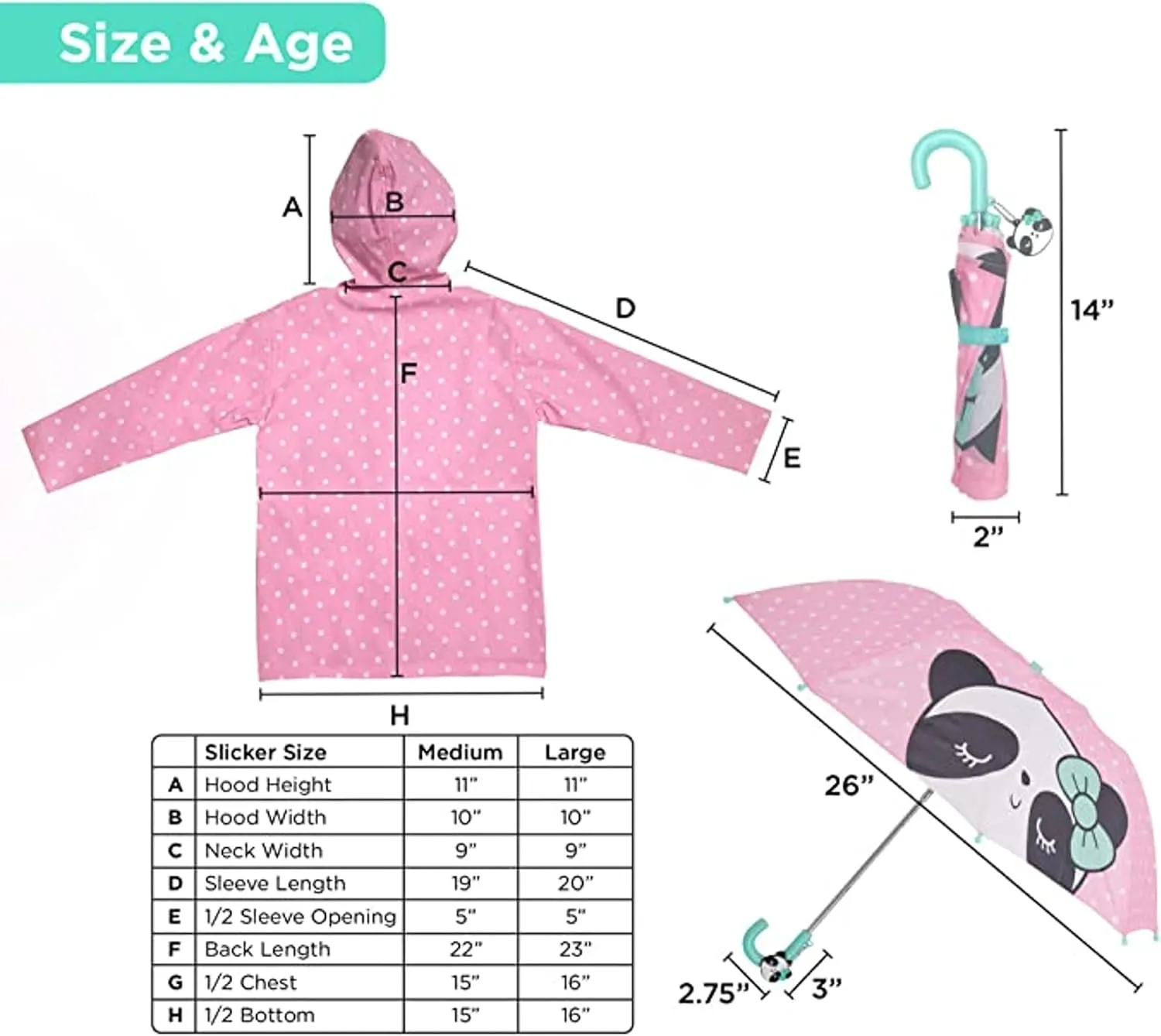 addie & tate Kids Umbrella for Girls and Boys & Rain Coats Set -Toddler Umbrellas Kids Raincoat Boys Girls Jacket
