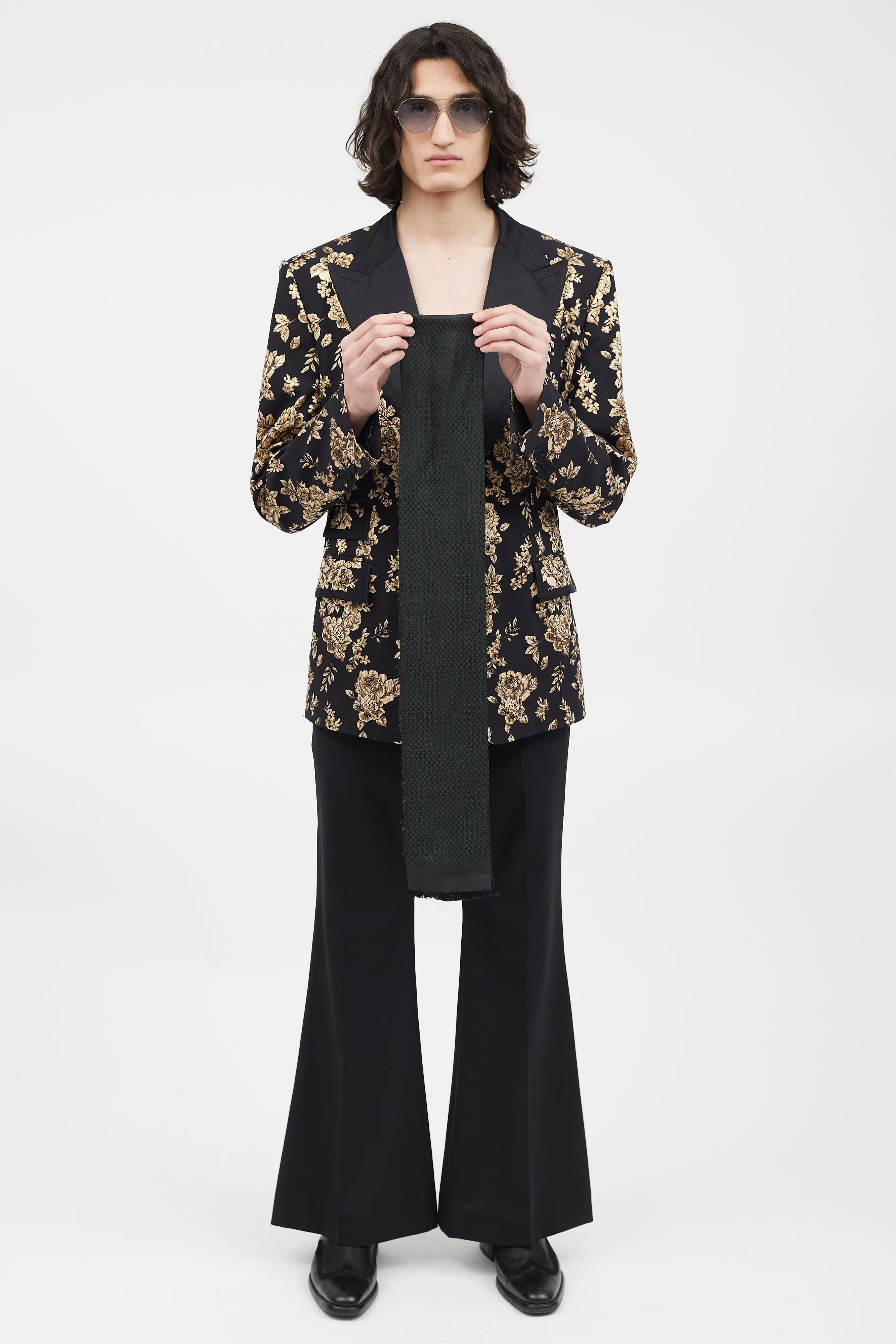 Black & Green Floral Slim Scarf