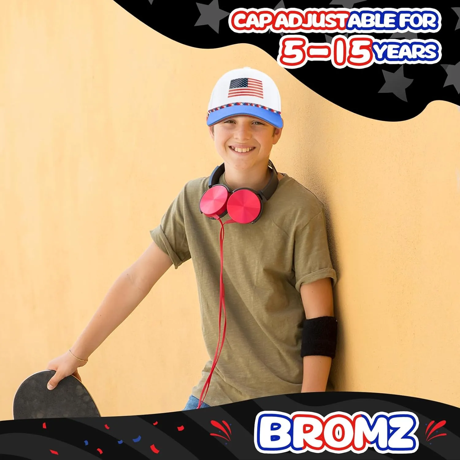 BROMZ Kids Youth American Flag Trucker Hat, Waterproof Quick Dry Snapback Hats, USA Baseball Cap for Boys Girls 5-15 Years