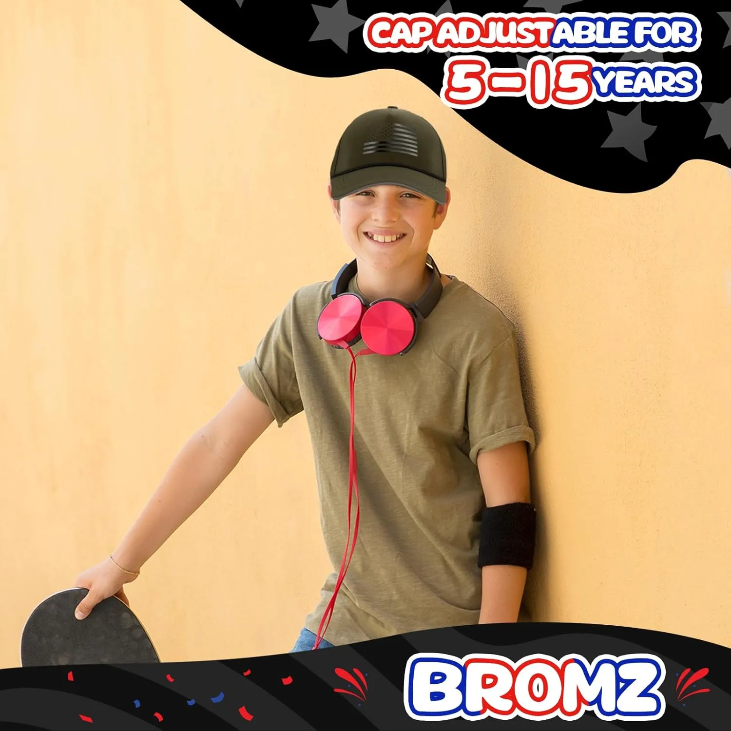 BROMZ Kids Youth American Flag Trucker Hat, Waterproof Quick Dry Snapback Hats, USA Baseball Cap for Boys Girls 5-15 Years