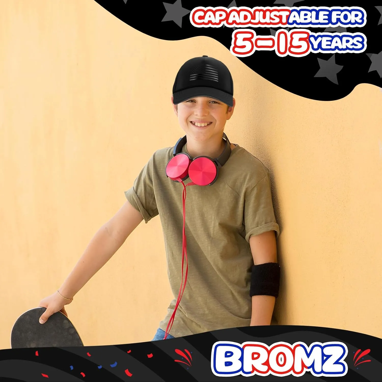 BROMZ Kids Youth American Flag Trucker Hat, Waterproof Quick Dry Snapback Hats, USA Baseball Cap for Boys Girls 5-15 Years