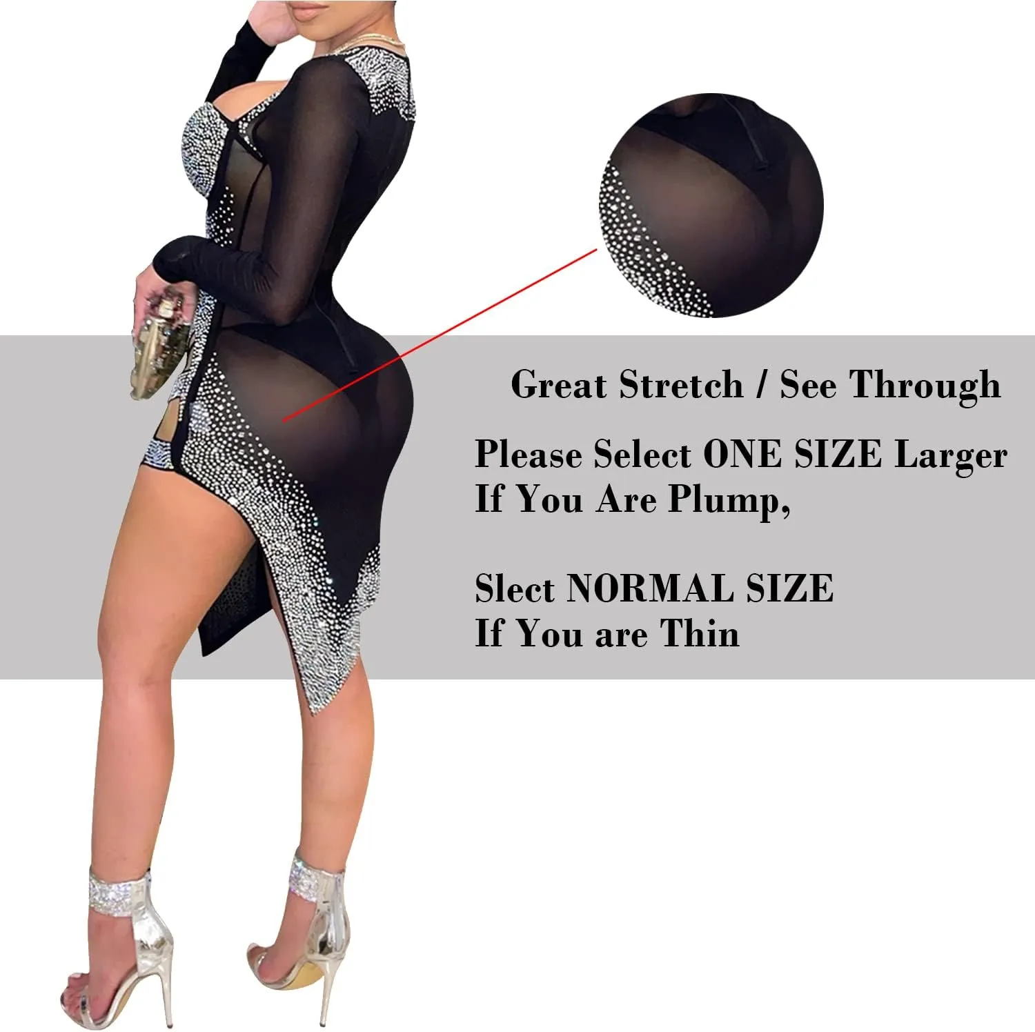 CUTUBLY Women Long Sleeve Birthday Dresses Rhinestone Cut Out Bodycon Mini Club Sexy Dress Party Club Night Dress