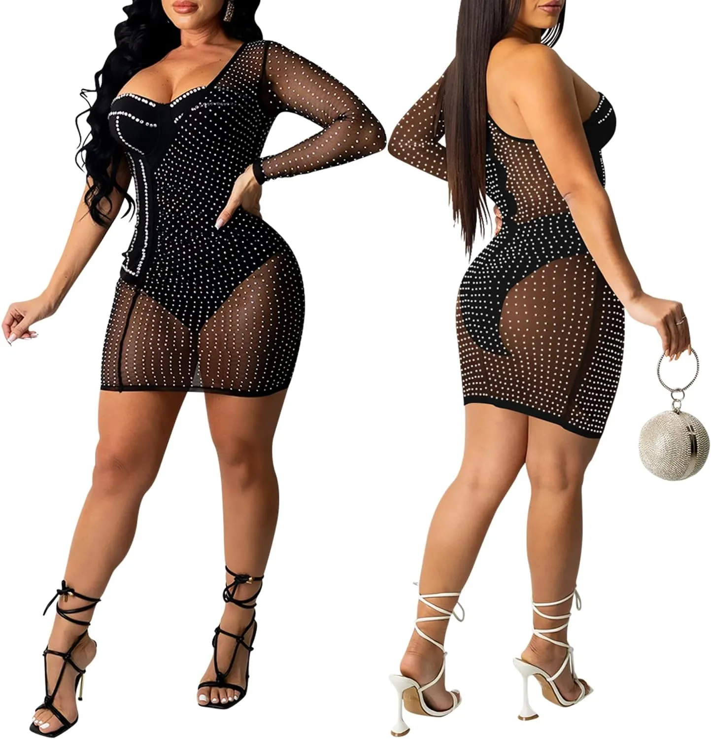 CUTUBLY Women Long Sleeve Birthday Dresses Rhinestone Cut Out Bodycon Mini Club Sexy Dress Party Club Night Dress