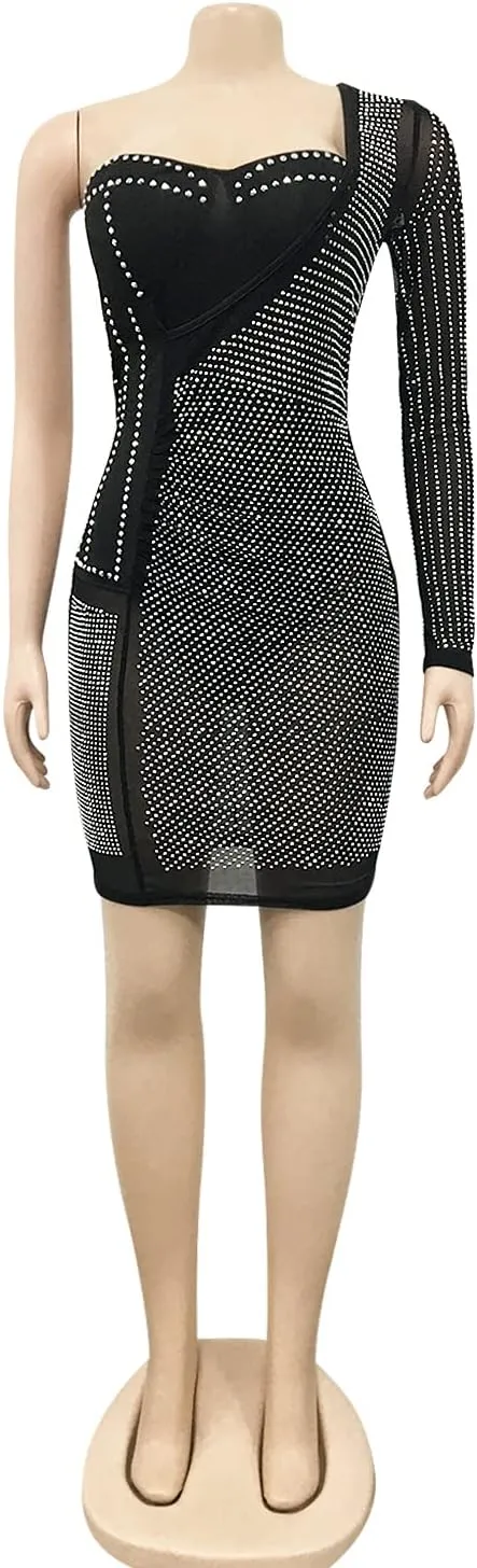 CUTUBLY Women Long Sleeve Birthday Dresses Rhinestone Cut Out Bodycon Mini Club Sexy Dress Party Club Night Dress