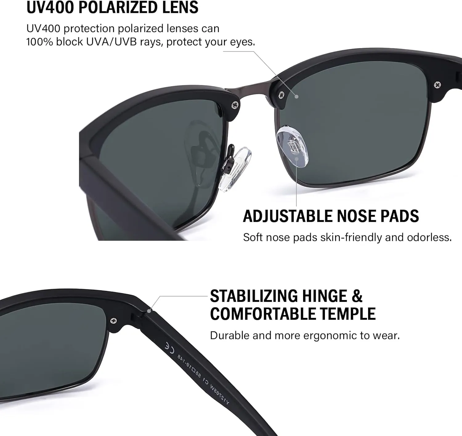 Dollger Polarized Sunglasses Men Half Frame Square Semi-Rimless Driving Sun Glasses Shades for Men UV400 Protection