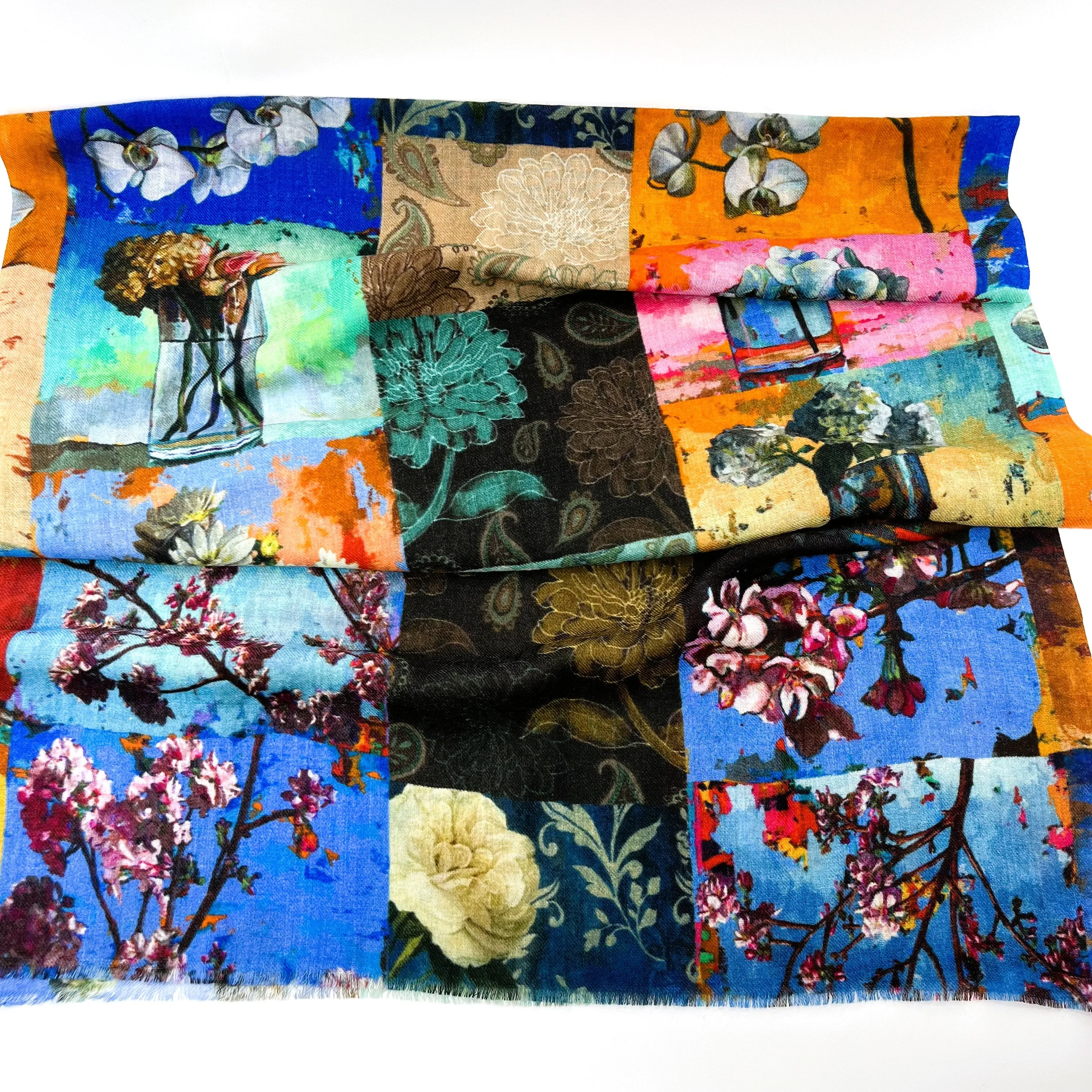 Fine Wool Silk Blend Scarves Japanese Art Inspired
