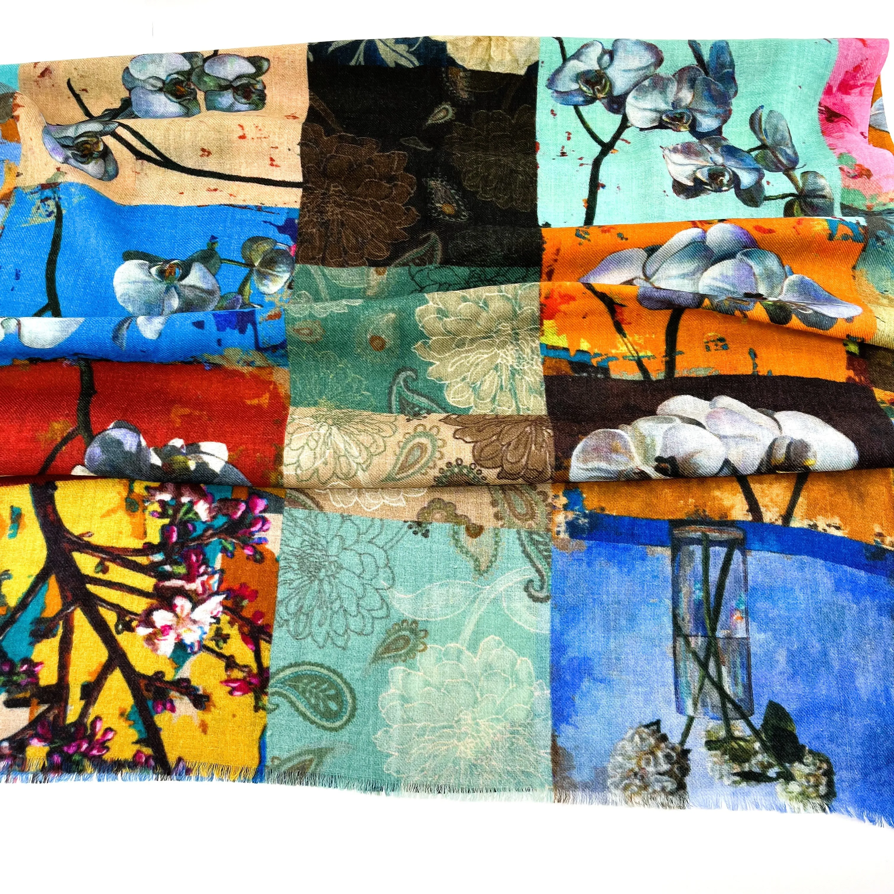Fine Wool Silk Blend Scarves Japanese Art Inspired