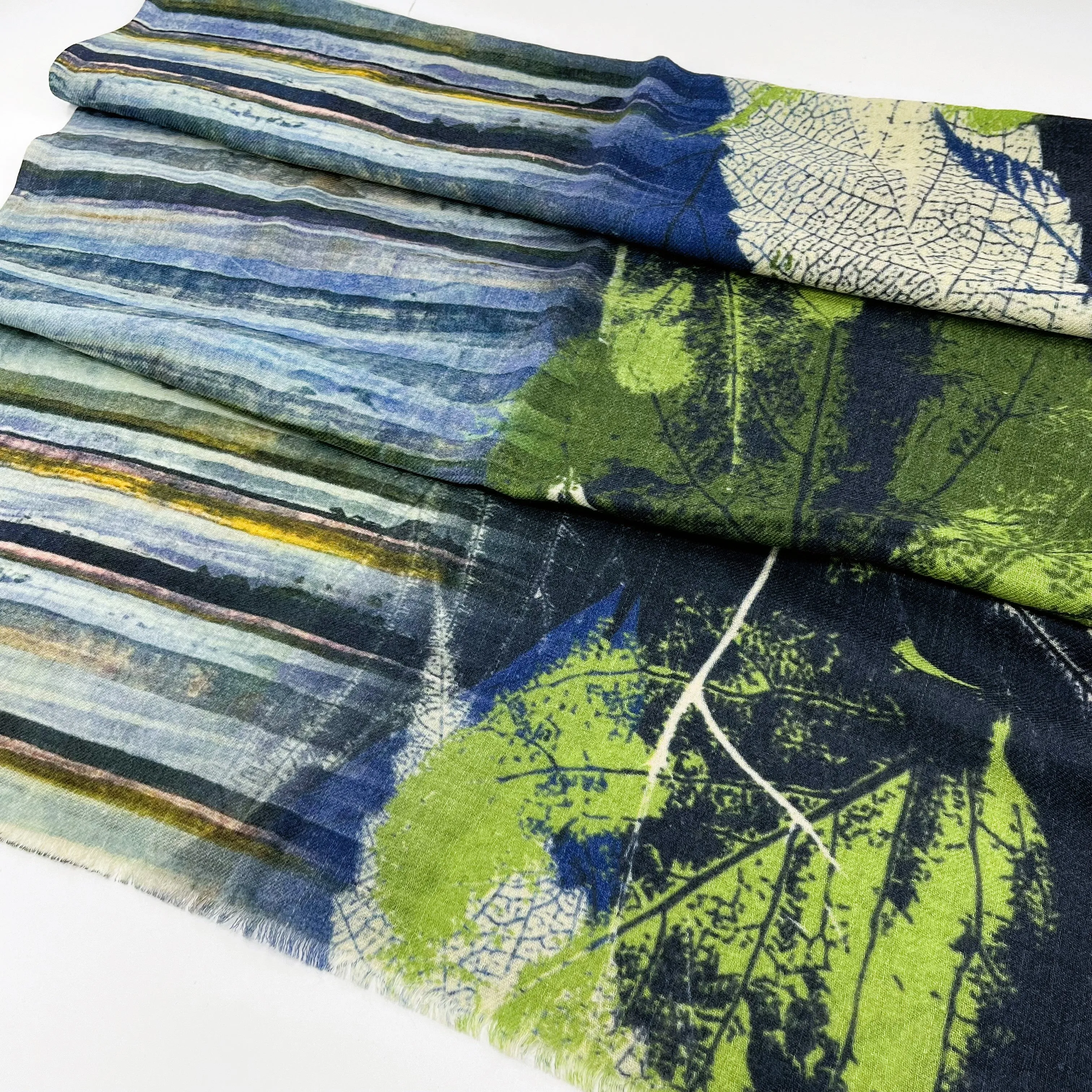 Fine Wool Silk Blend Scarves Stripe Foliage