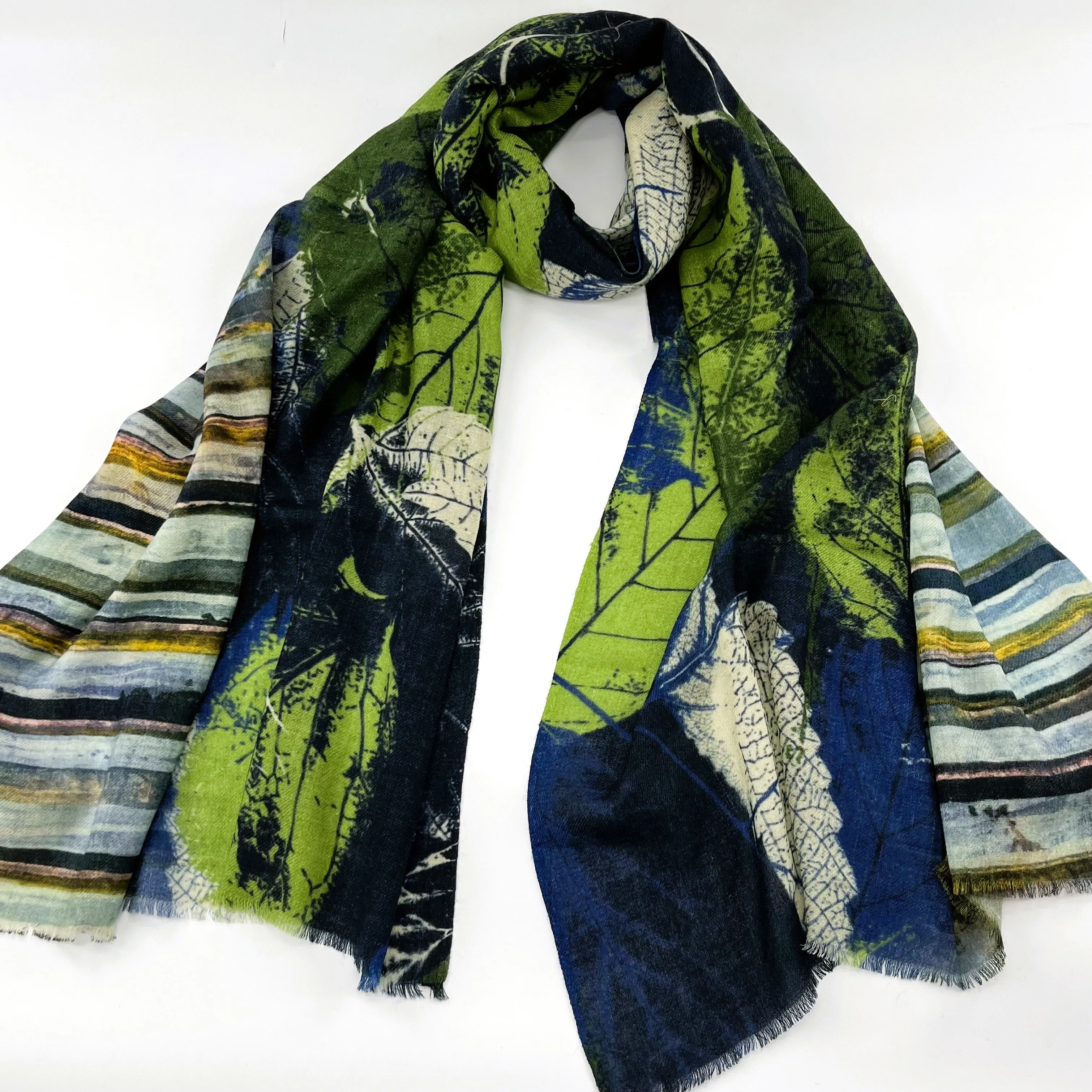 Fine Wool Silk Blend Scarves Stripe Foliage