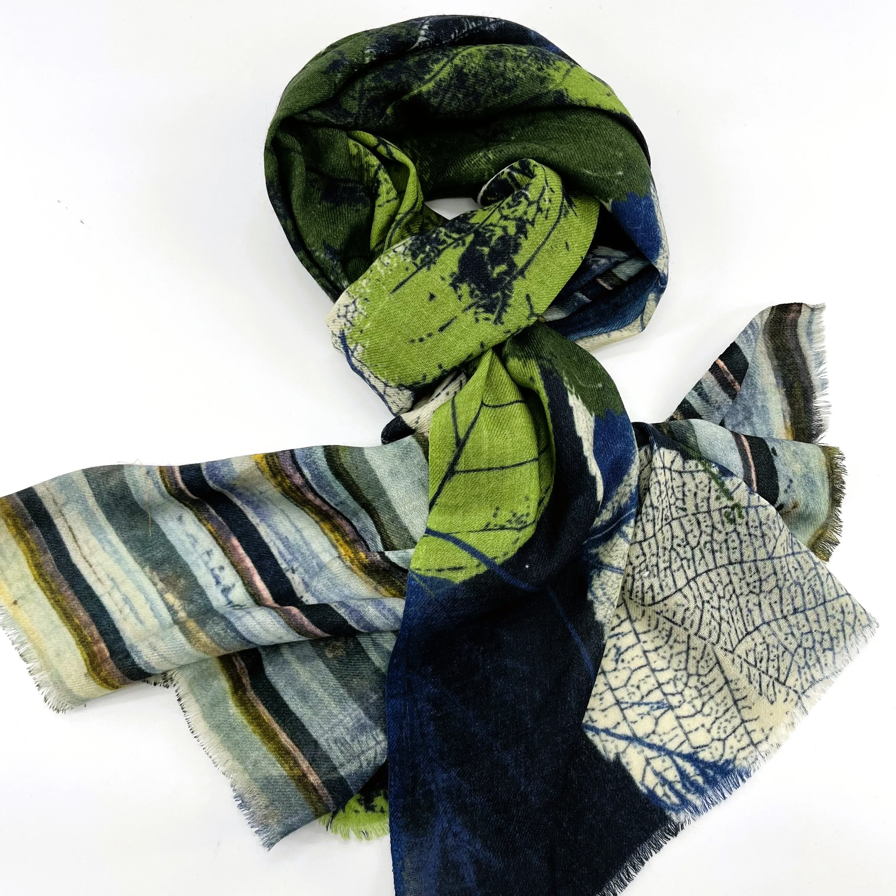 Fine Wool Silk Blend Scarves Stripe Foliage