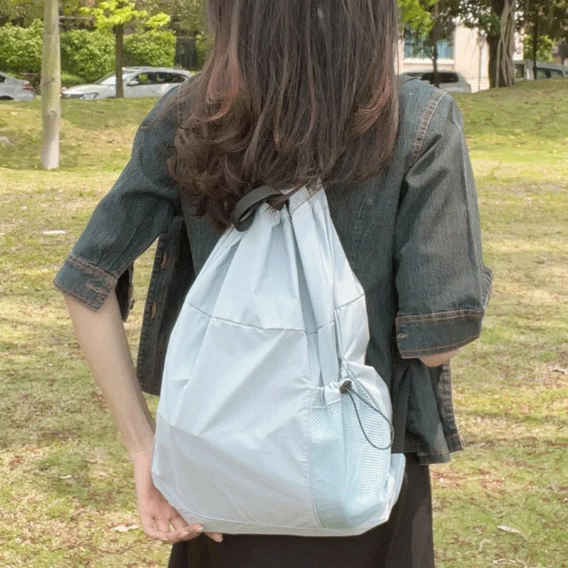 Foldable Solid Color Drawstring Backpack Sports Travel Portable Daypack