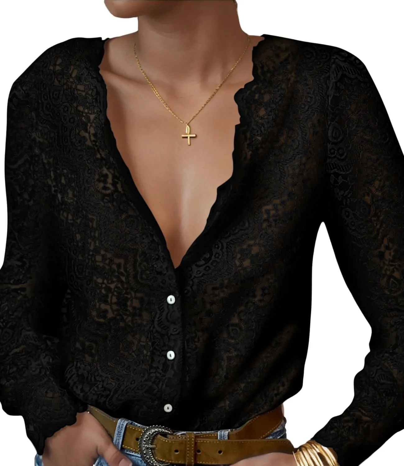 Lace Tops for Women Dressy Casual Blouses Puff Long Sleeve V Neck Button Down Business Work Shirts