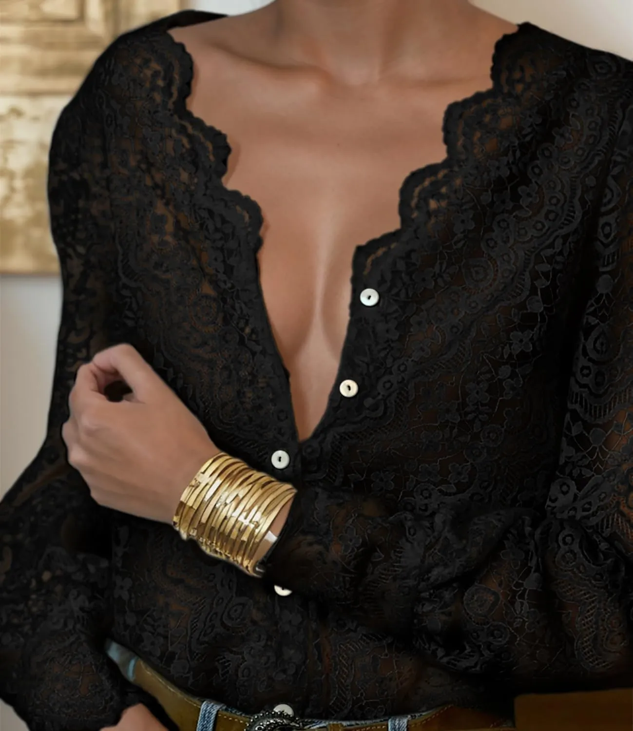 Lace Tops for Women Dressy Casual Blouses Puff Long Sleeve V Neck Button Down Business Work Shirts