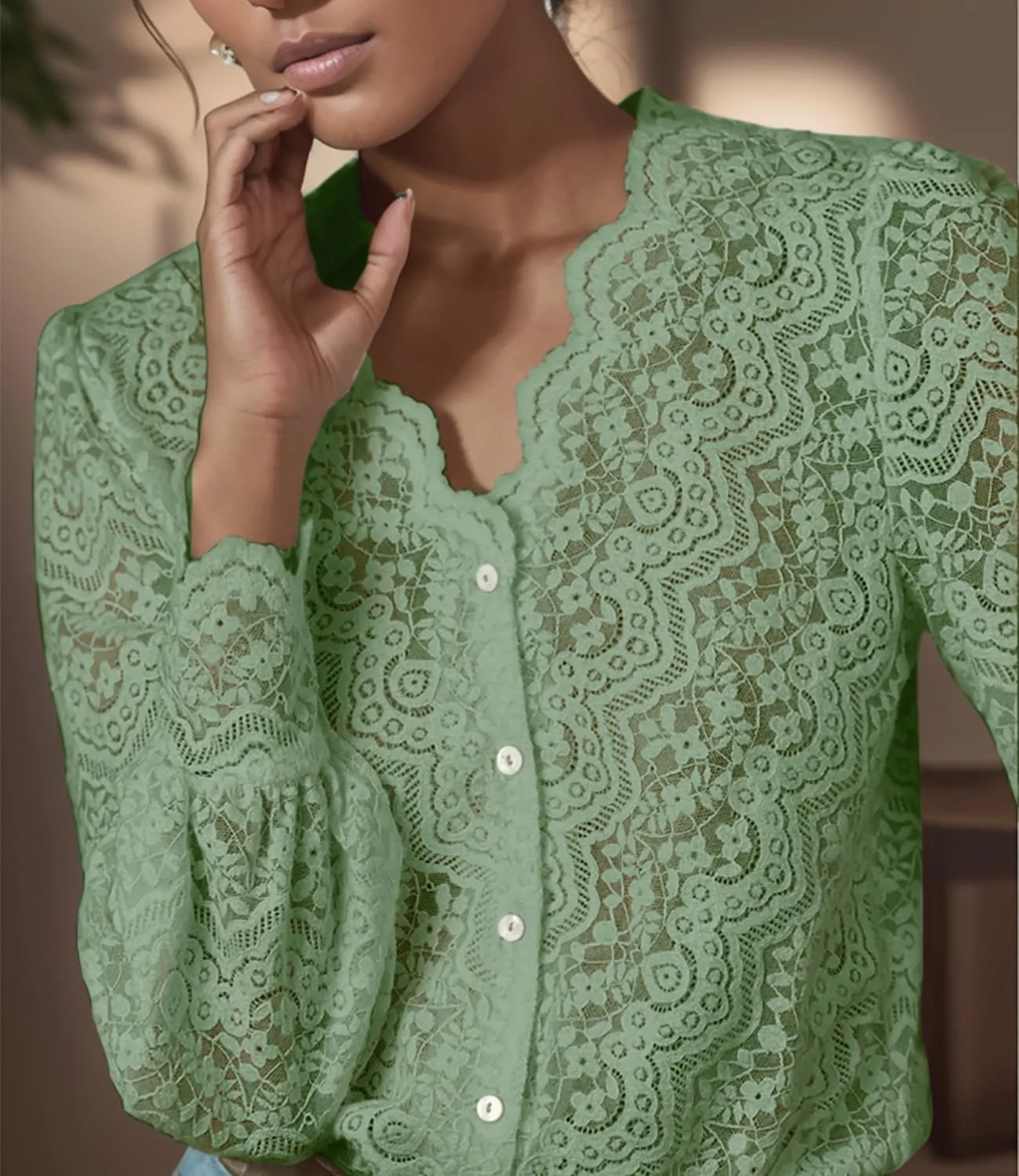 Lace Tops for Women Dressy Casual Blouses Puff Long Sleeve V Neck Button Down Business Work Shirts