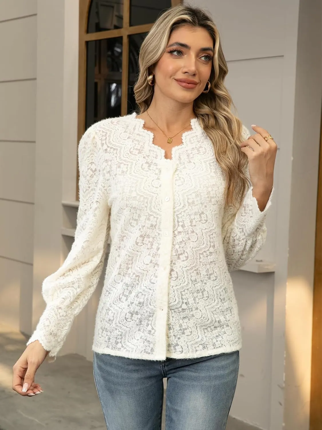 Lace Tops for Women Dressy Casual Blouses Puff Long Sleeve V Neck Button Down Business Work Shirts
