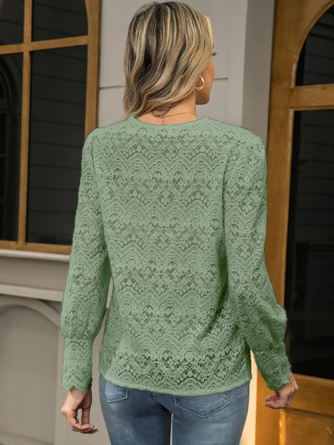 Lace Tops for Women Dressy Casual Blouses Puff Long Sleeve V Neck Button Down Business Work Shirts