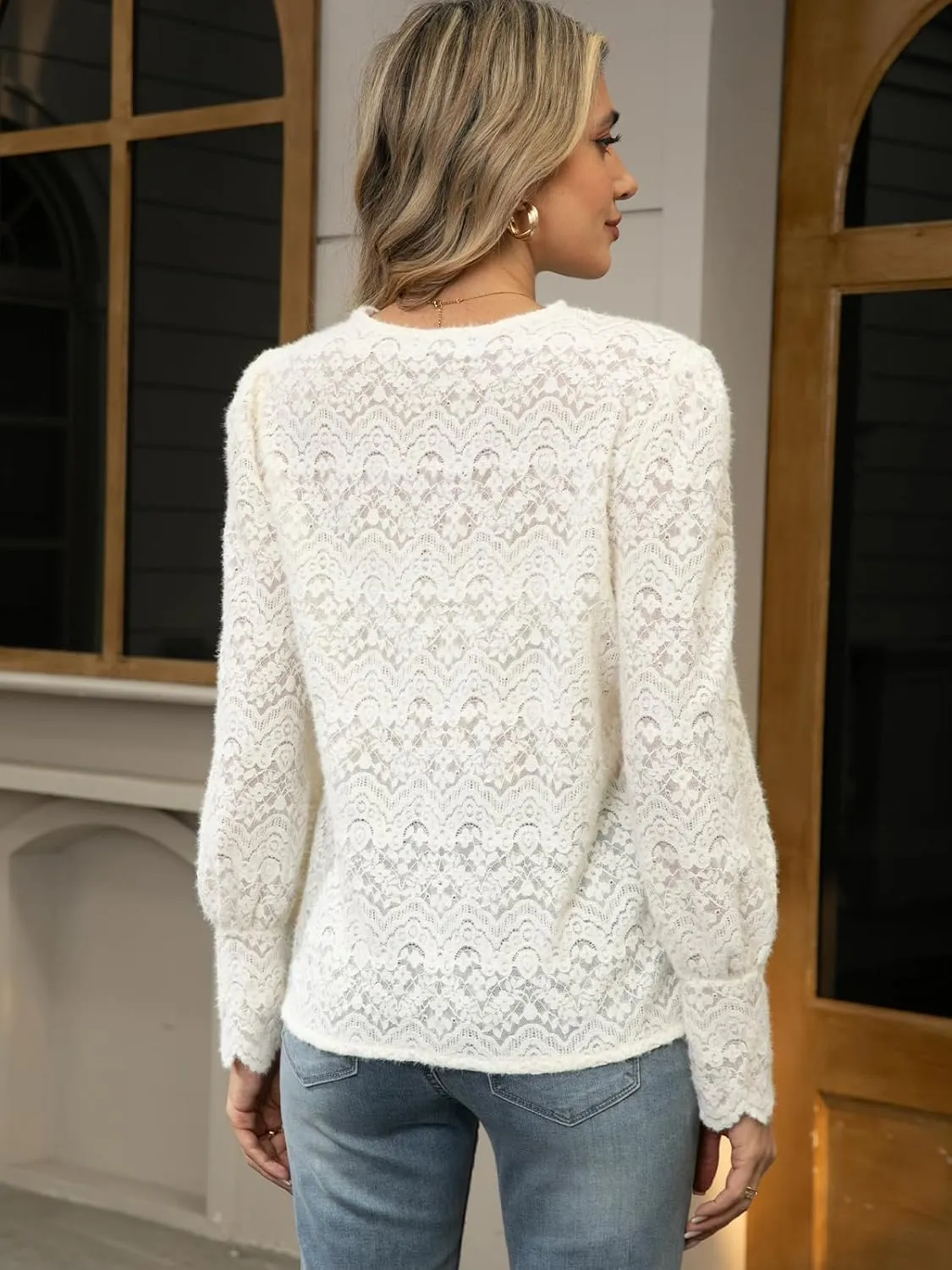 Lace Tops for Women Dressy Casual Blouses Puff Long Sleeve V Neck Button Down Business Work Shirts