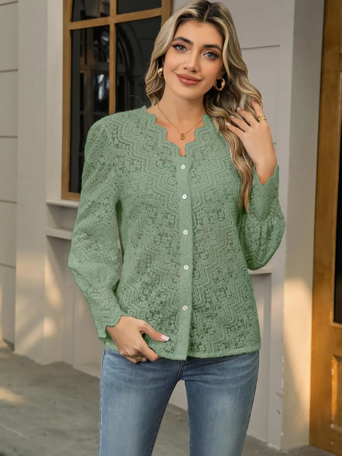 Lace Tops for Women Dressy Casual Blouses Puff Long Sleeve V Neck Button Down Business Work Shirts