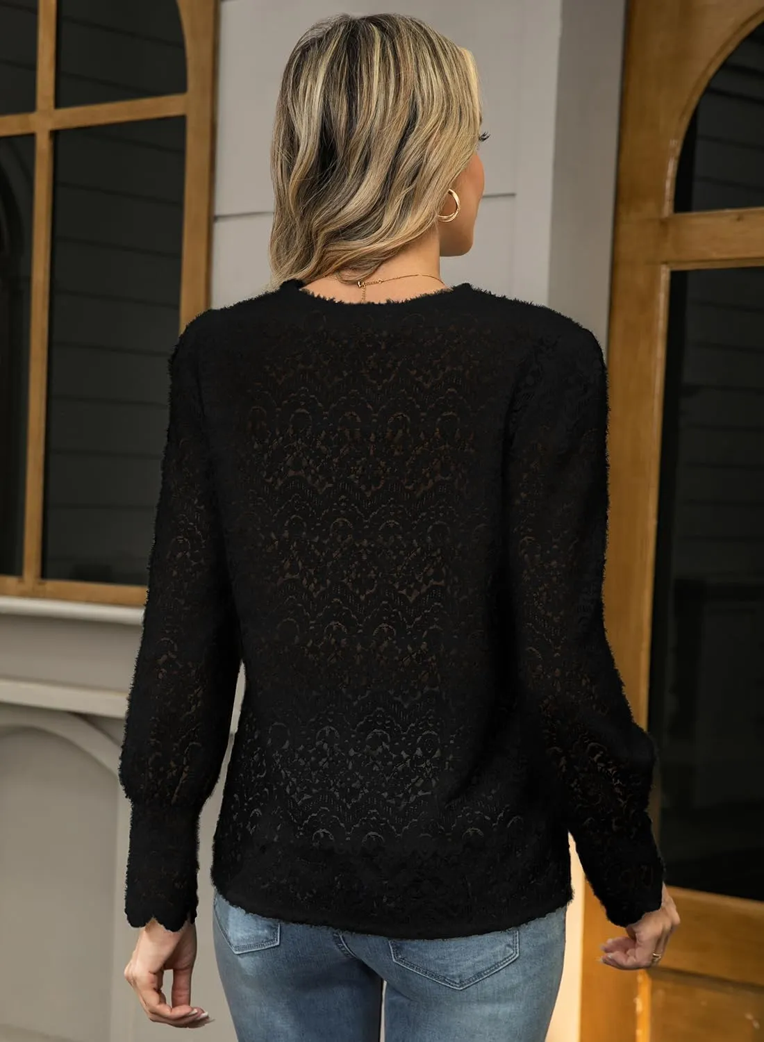 Lace Tops for Women Dressy Casual Blouses Puff Long Sleeve V Neck Button Down Business Work Shirts