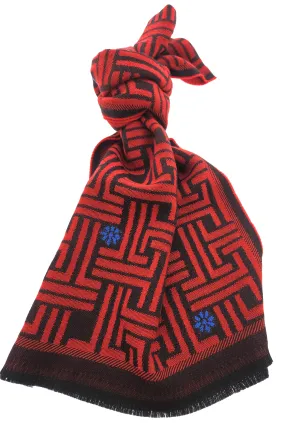 Lanvin Red Geometric Pattern with Floral Accents Pure Wool Scarf