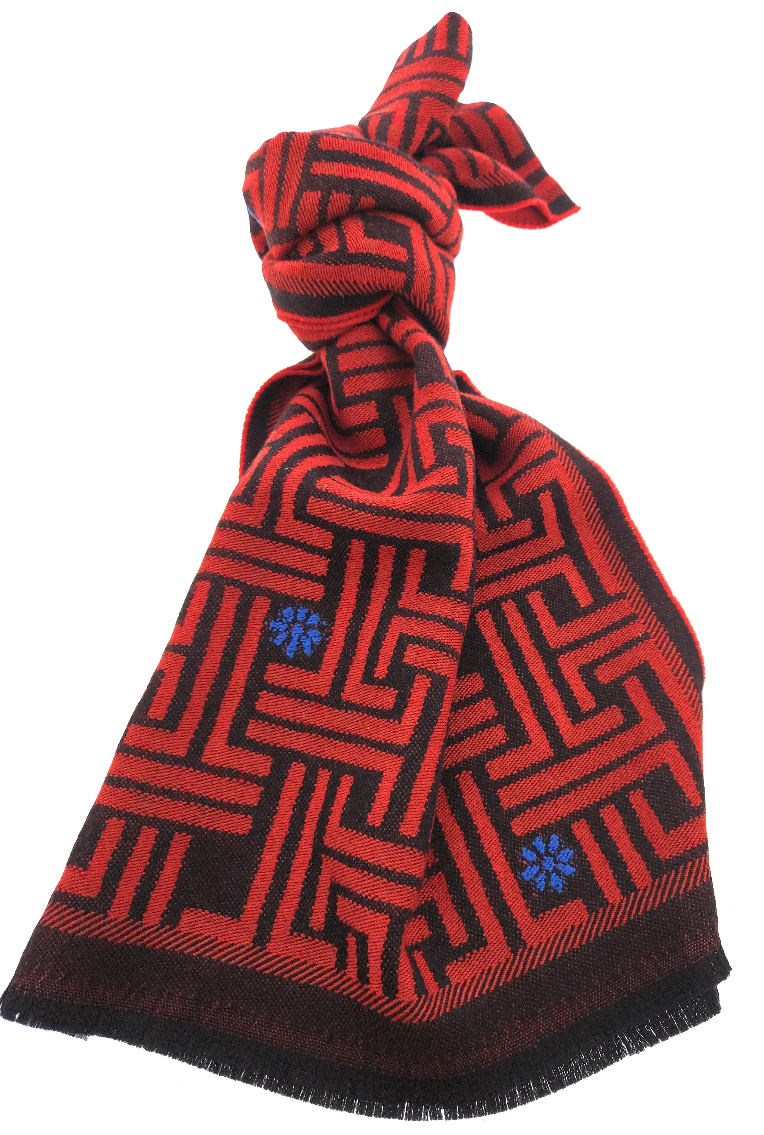Lanvin Red Geometric Pattern with Floral Accents Pure Wool Scarf