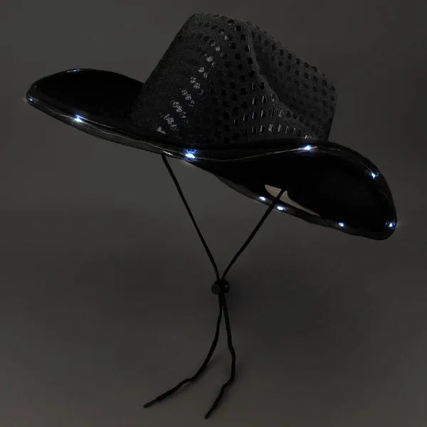 LED Light Up Flashing Sequin Black & Green Cowboy Hat - Pack of 2 Hats