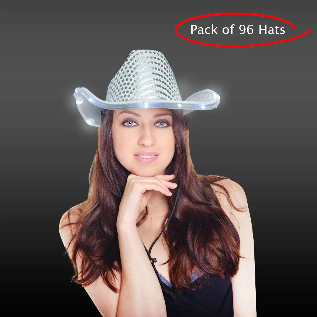 LED Light Up Flashing Sequin White Cowboy Hat - Pack of 96 Hats