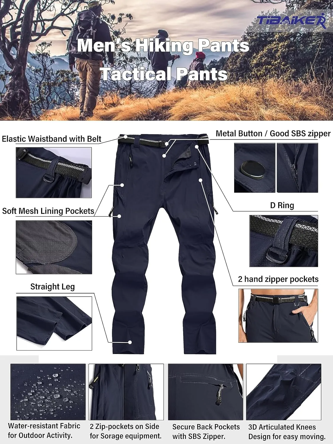 Men's Hiking Pants Quick Dry Cargo Work Lightweight Tactical Pants Stretch Waterproof Outdoor Fishing Travel Safari Pants
