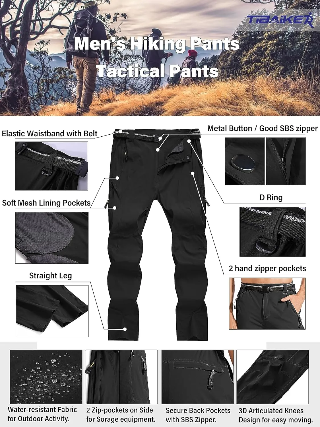 Men's Hiking Pants Quick Dry Cargo Work Lightweight Tactical Pants Stretch Waterproof Outdoor Fishing Travel Safari Pants