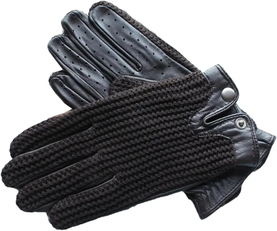 Men's Leather Driving Non-Slip Gloves Touch Screen Sheepskin Knitted Breathable Riding Motorcycle Gloves