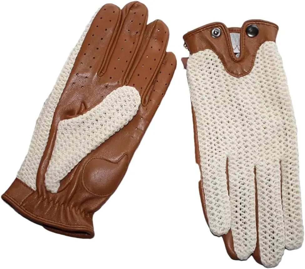Men's Leather Driving Non-Slip Gloves Touch Screen Sheepskin Knitted Breathable Riding Motorcycle Gloves