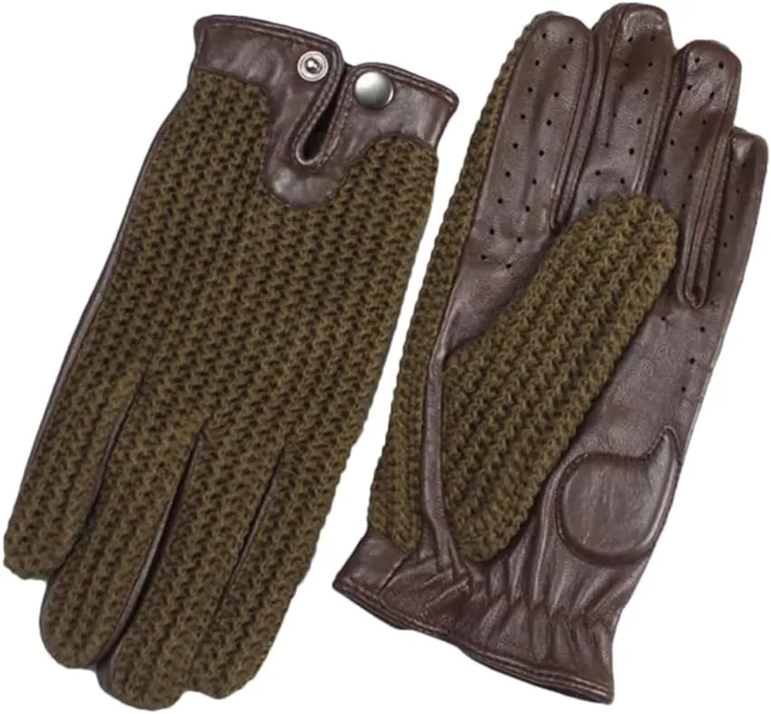 Men's Leather Driving Non-Slip Gloves Touch Screen Sheepskin Knitted Breathable Riding Motorcycle Gloves