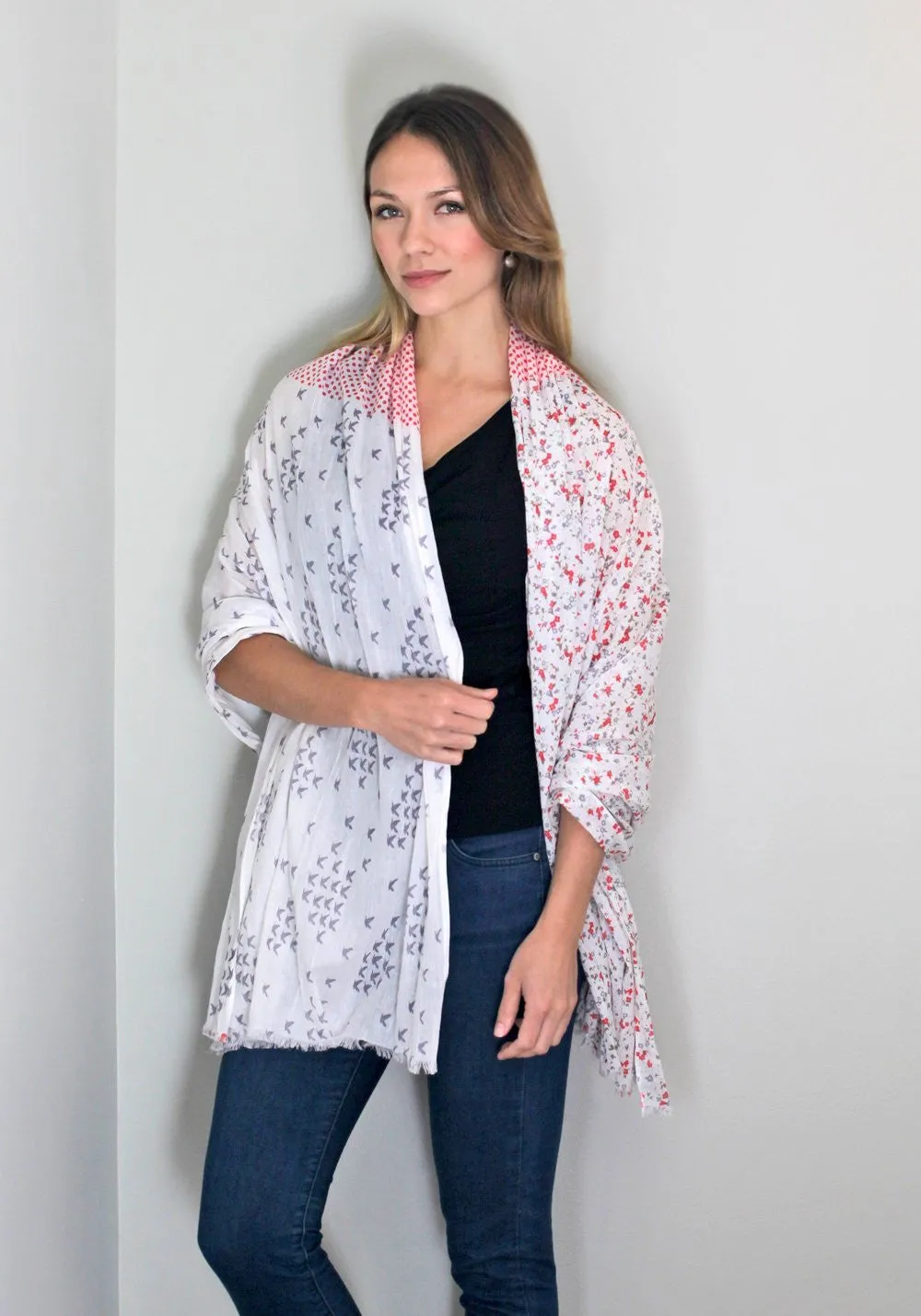 Nora Polka Dot Birds and Floral Scarf Wrap