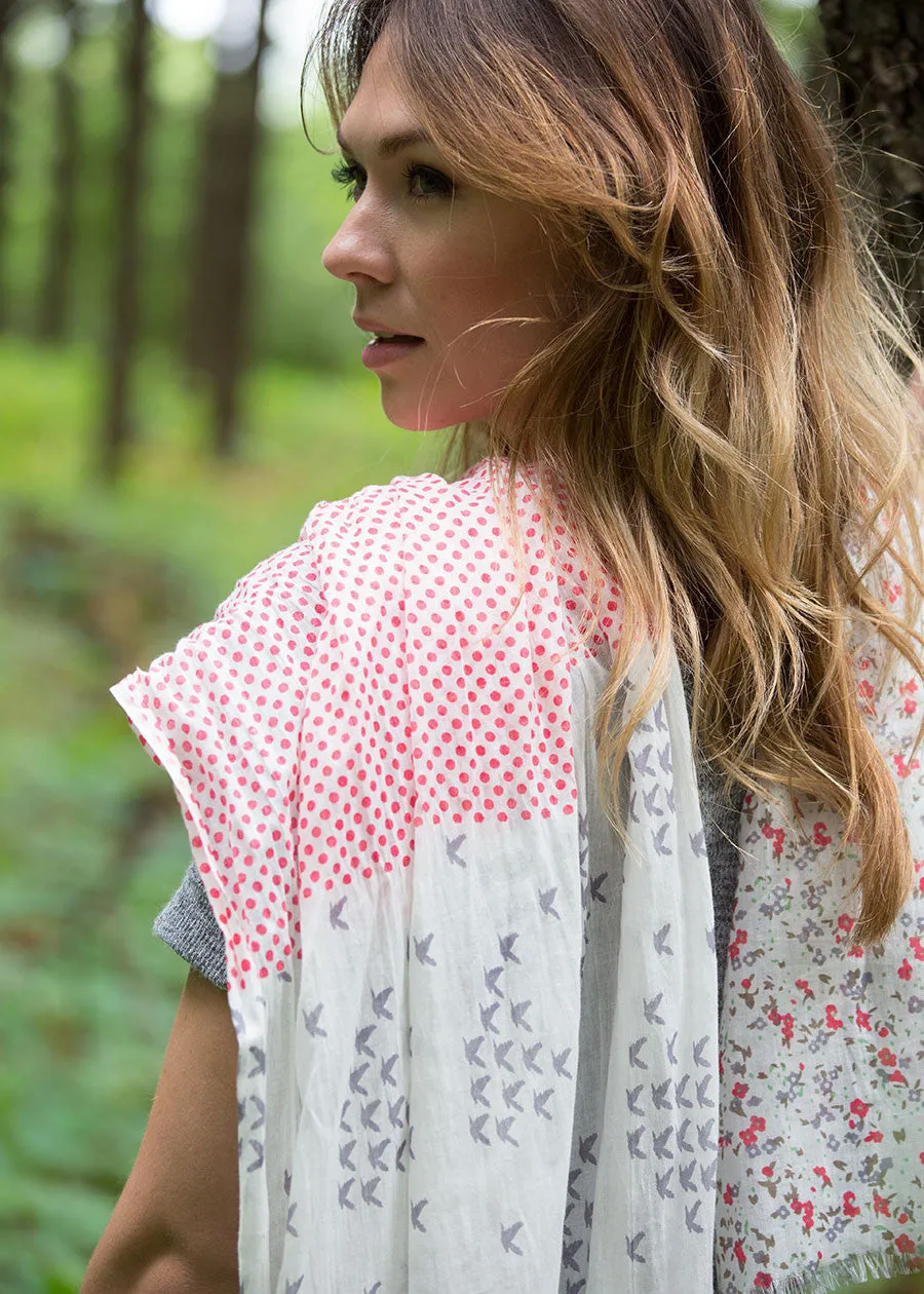 Nora Polka Dot Birds and Floral Scarf Wrap