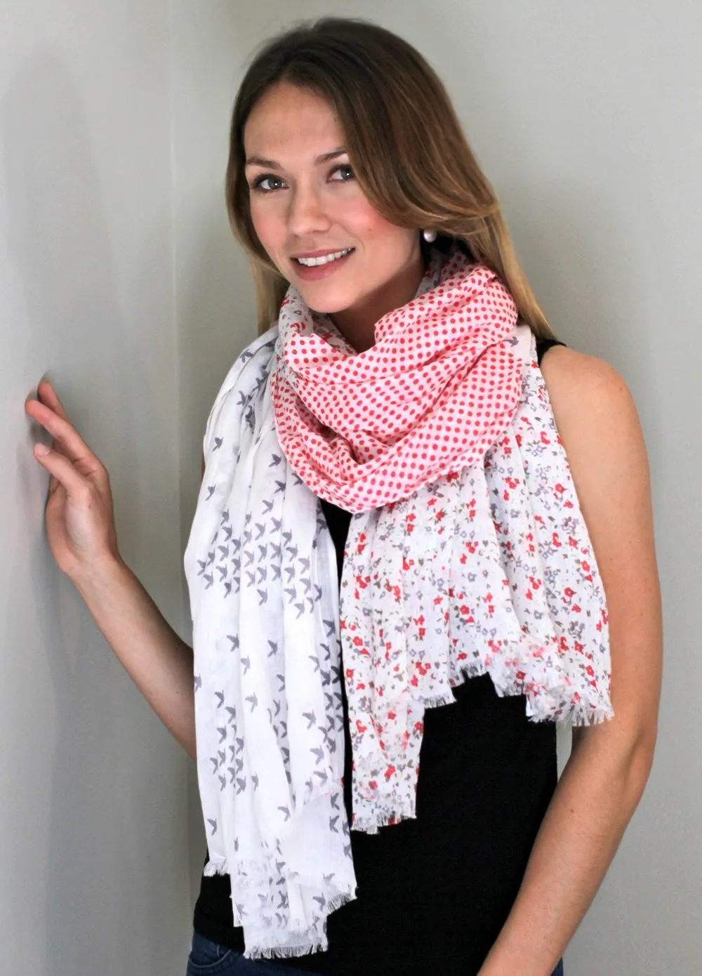 Nora Polka Dot Birds and Floral Scarf Wrap