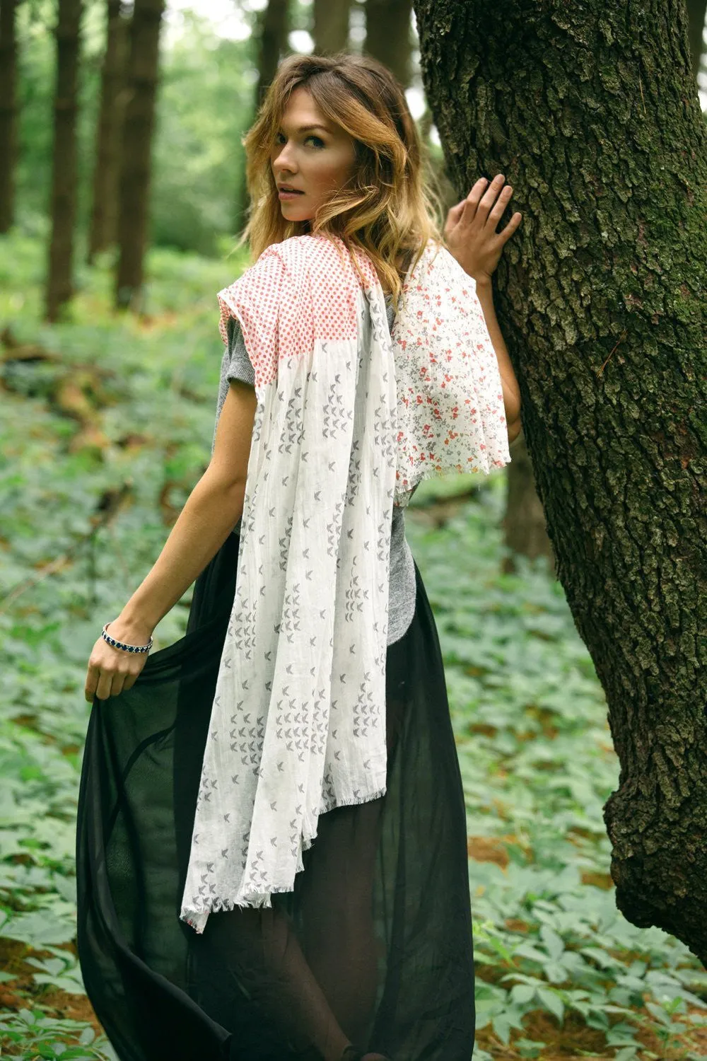 Nora Polka Dot Birds and Floral Scarf Wrap