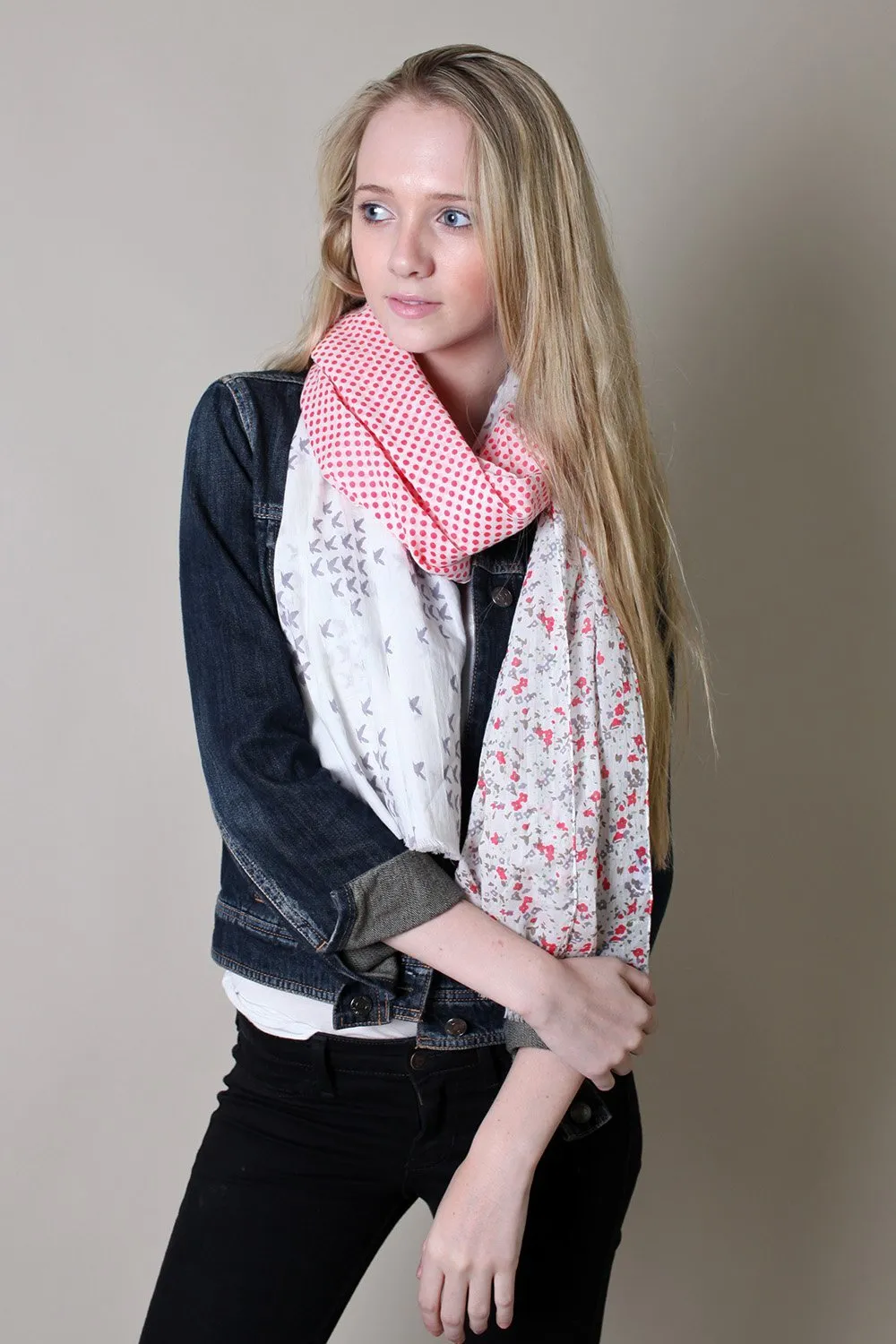 Nora Polka Dot Birds and Floral Scarf Wrap