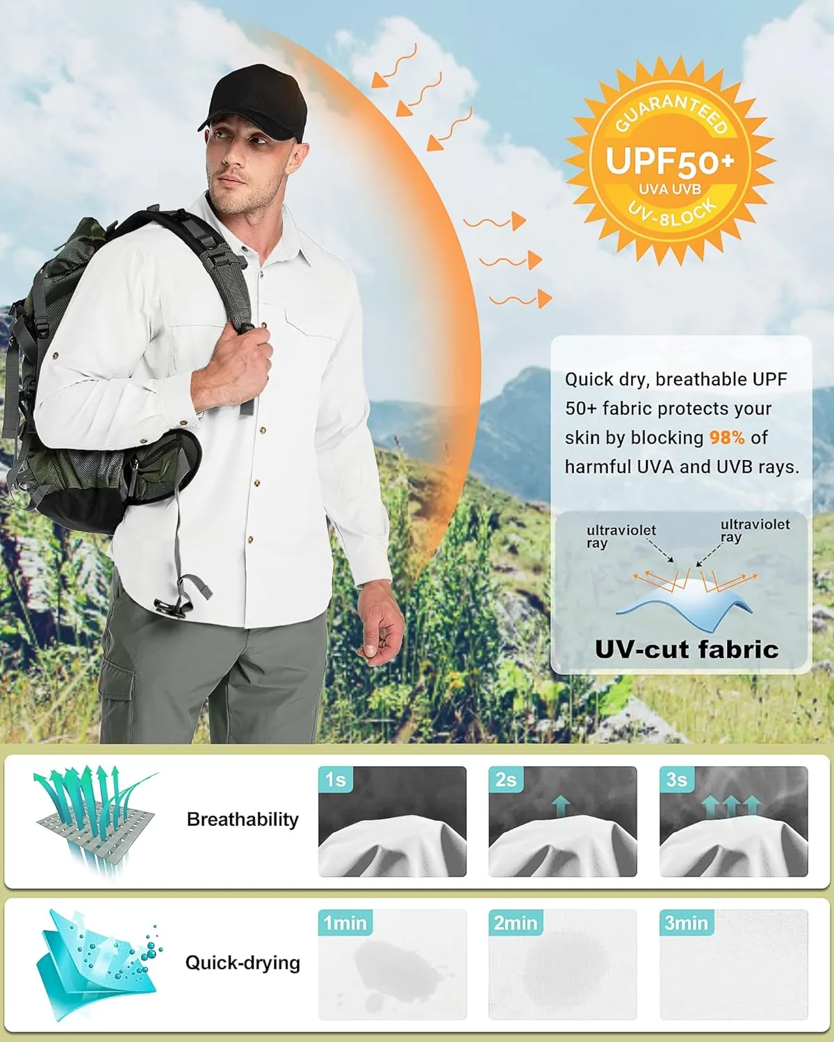 Outdoor Ventures Men's UPF 50  UV Sun Protection SPF Hiking Shirt Long Sleeve Lightweight Quick Dry for Safari Travel Fishing