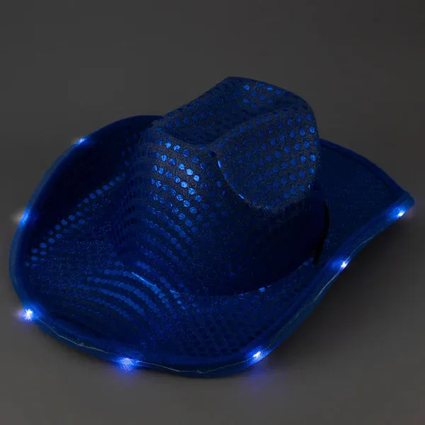Personalized LED Light Up Flashing Blue Sequin Cowboy Hat - Pack of 20 Custom Hats