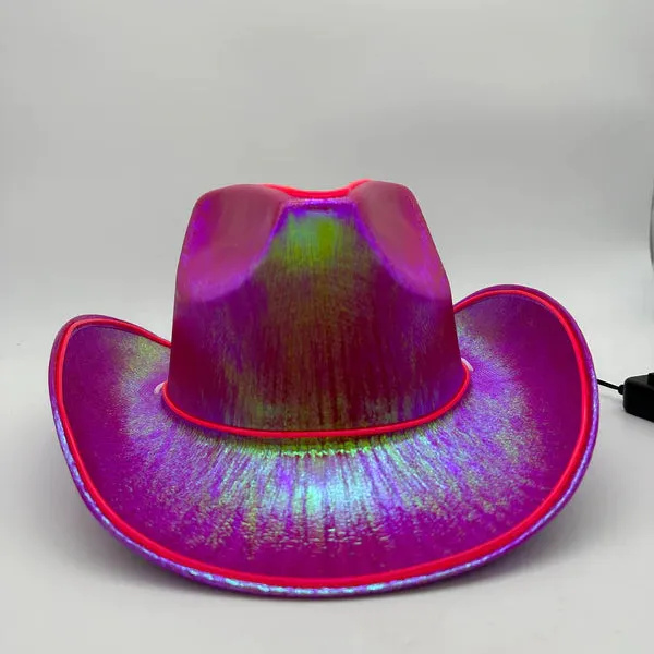 Pink EL WIRE Light Up Iridescent Space Cowboy Hat - Pack of 4 Hats