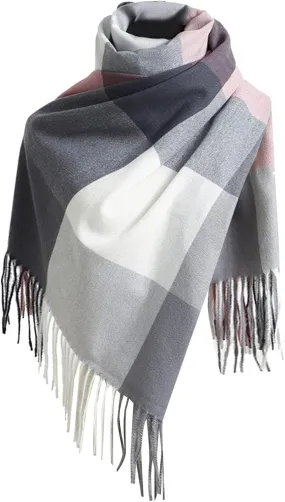 Plaid Check and Solid Cashmere Feel Winter Scarf Warm Scarfs Cold Weather Accessories Fringe Scarves Scarves Wraps