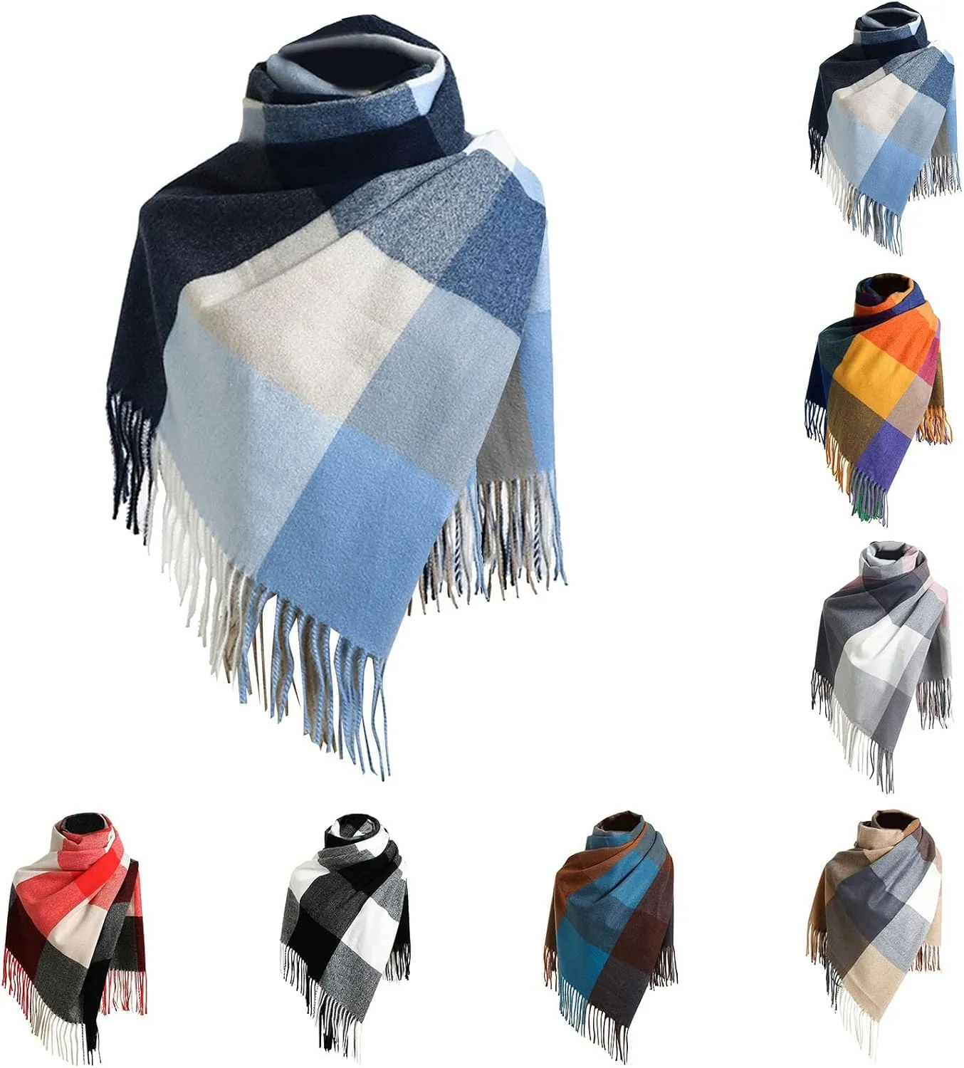 Plaid Check and Solid Cashmere Feel Winter Scarf Warm Scarfs Cold Weather Accessories Fringe Scarves Scarves Wraps