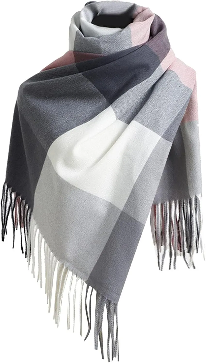 Plaid Check and Solid Cashmere Feel Winter Scarf Warm Scarfs Cold Weather Accessories Fringe Scarves Scarves Wraps