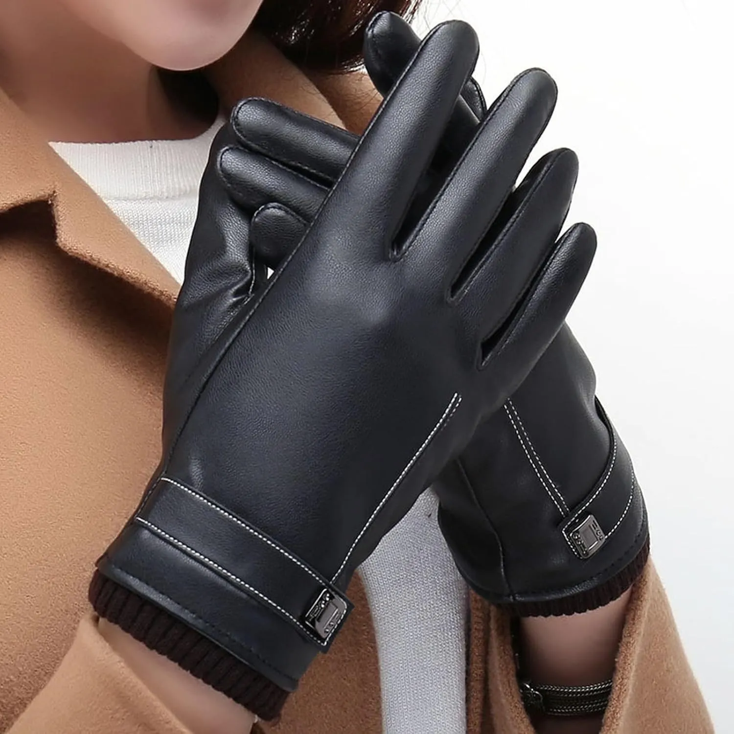 PU Leather Gloves for Women Winter Warm Gloves Touchscreen Warm Texting Gloves for Driving Riding Cycling