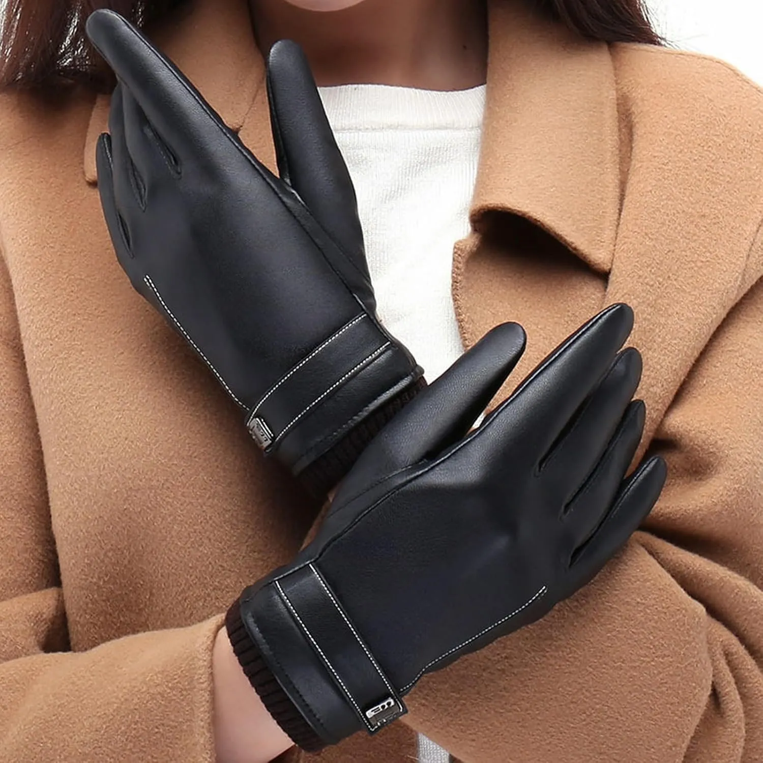 PU Leather Gloves for Women Winter Warm Gloves Touchscreen Warm Texting Gloves for Driving Riding Cycling